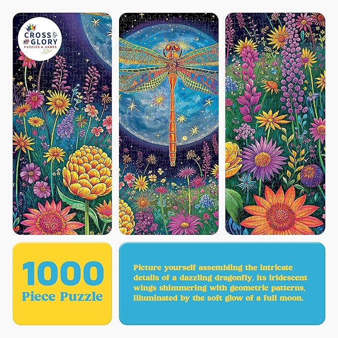 Cross & Glory - 1000 Piece Jigsaw Puzzle for Adults | Lunar Symphony: The Dragonfly’s Tale | Best New Enchanted Nature Puzzle | Vibrant Nighttime Artwork| 20x27 Inches | Flower Puzzle
