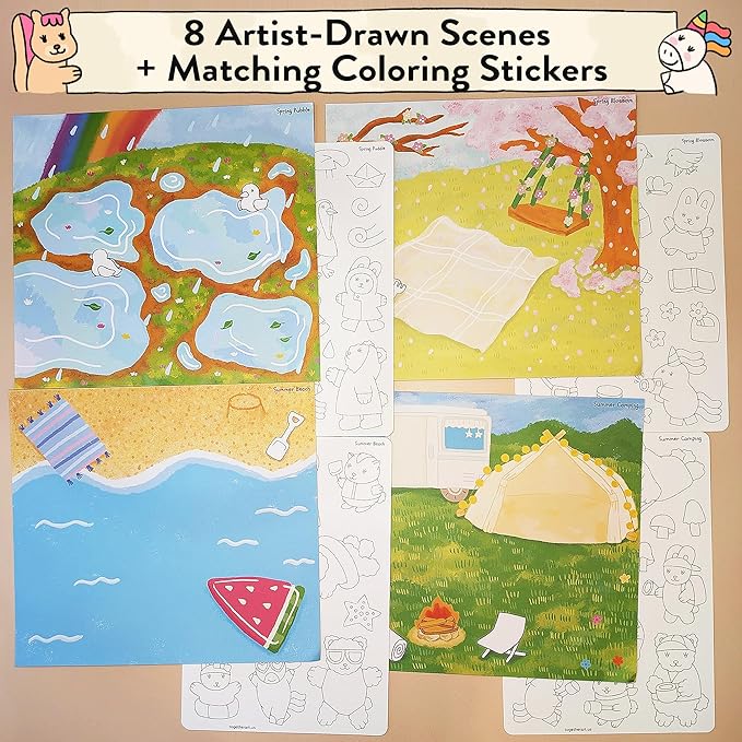 Seasonal Splendor Color Your Own Storytelling Sticker Kit – Coloring Your Own Stickers DIY Set for Kids 4-10 – 8 Hand-Drawn Seasonal Scenes – Designed & Assembled in USA