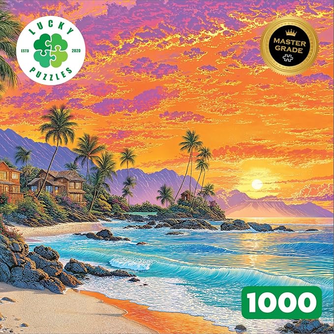 Lucky Puzzles - Sunset Bliss by the Sea - 1000 Piece Jigsaw Puzzle for Adults | Tropical Beach Sunset Artwork | Challenging Puzzle for Adults for Puzzle Lovers