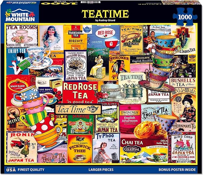 White Mountain 1000 Piece Jigsaw Puzzle Vintage Tea Collage Puzzles with Large Pieces, Gift for Adults and Family 24"x30" - Teatime