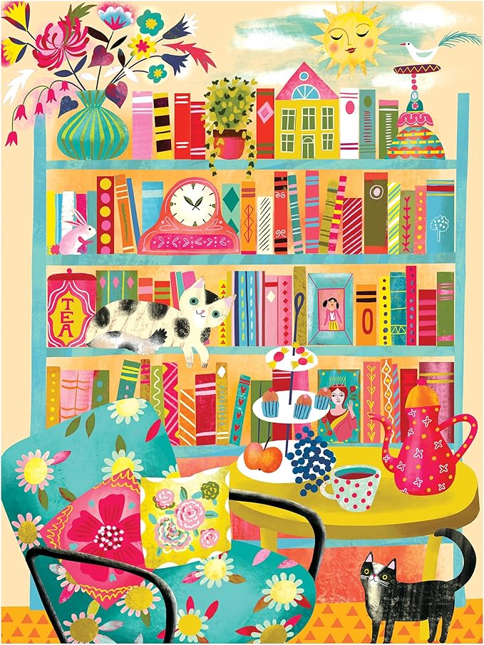 RoseArt - Vertical Visions - Bookshelf with Cats - 500 Piece Jigsaw Puzzle - Whimsical Cat-Filled Library Puzzle for Adults