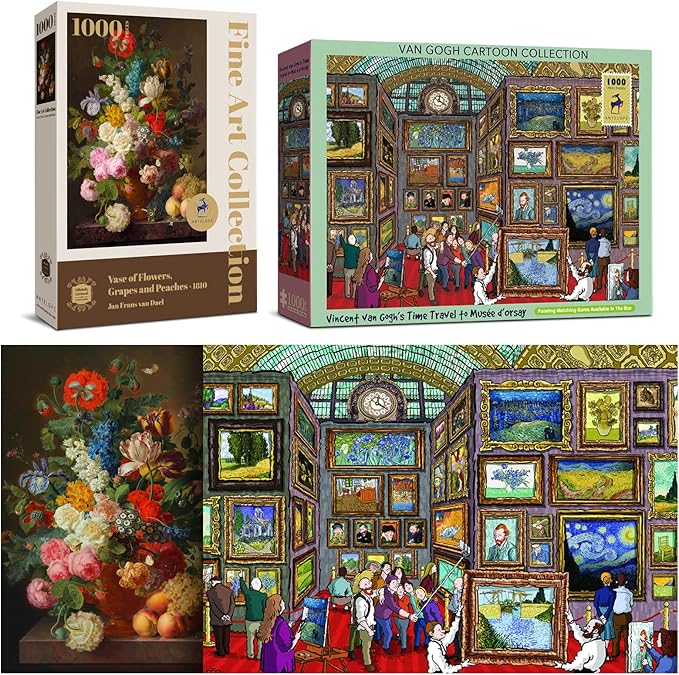 Antelope 2 in 1 1000 Piece Puzzle Bundle - Van Gogh's Time Travel to Muse Da Orsay - 1000 Piece Jigsaw Puzzle with Vase Flower