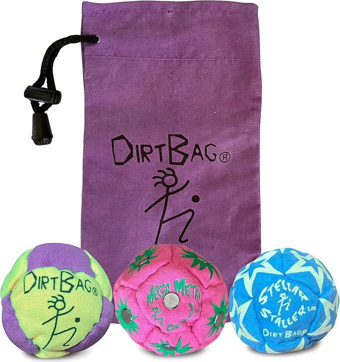 DIRTBAG All Star Footbag 3 Pack with Pouch, 100% Handmade, Premium Quality, Bright Vivid Colors, Signature Carry Bag