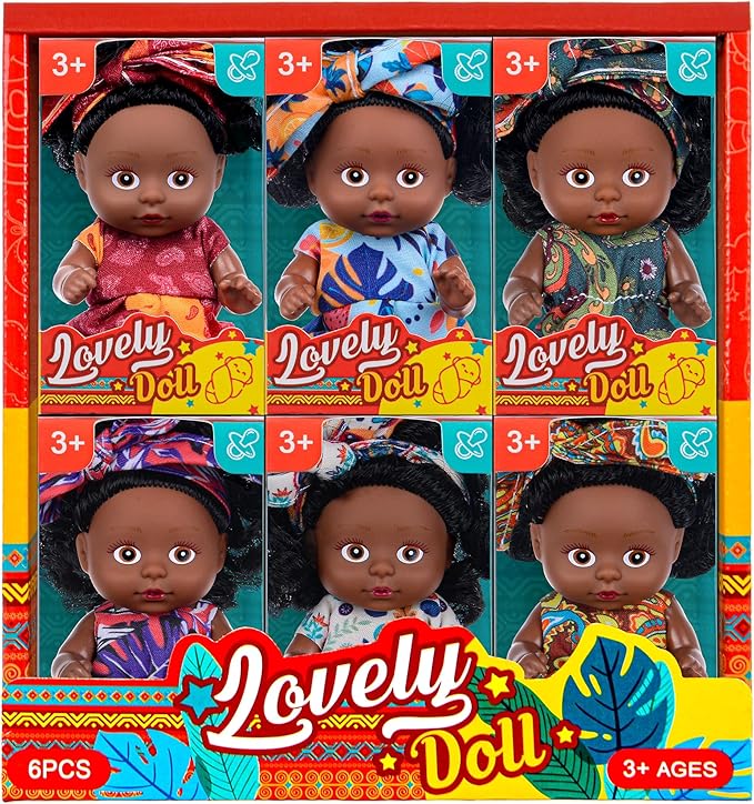 dollbie 6 Pack 4 Inch African Girl Dolls Set - Black Mini Dolls with Colorful Outfits & Hairbands – Gift for Girls 3-6, 6-12 Educational Toys & Decorative Figures