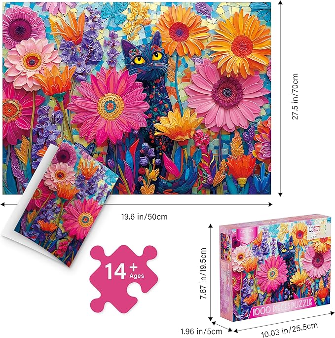 Colorful Flowers Cat Puzzles for Adults 1000 Pieces, Perfectly Letter on Back No Dust, Stained Glass Jigsaw Puzzle Black Cat Theme, Challenging Puzzle Perfect for Game Nights Family Puzzle