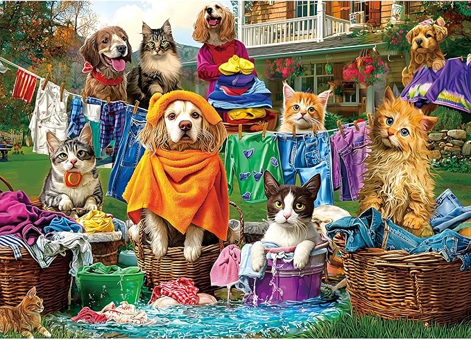 Laundry Day Jigsaw Puzzle 1000 Pieces for Adults, Dogs and Cats Theme, Puzzles for Adults 1000 Pieces Adult Entertainment Puzzle with Colorful Backyard Laundry Scene, Gifts for Easter Mother’s Day