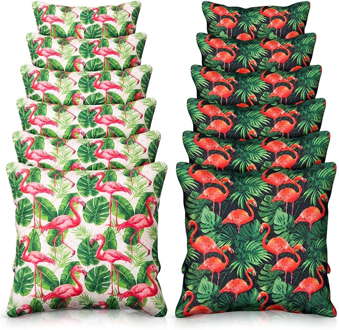 Soulchen 12 Pack Flamingos Bean Bags for Tossing Game Flamingos Corn Hole Game Bags for Hawaiian Summer Beach Birthday Luau Party Decor Family Holiday Outdoor Indoor Yard Hand Throwing Supplies
