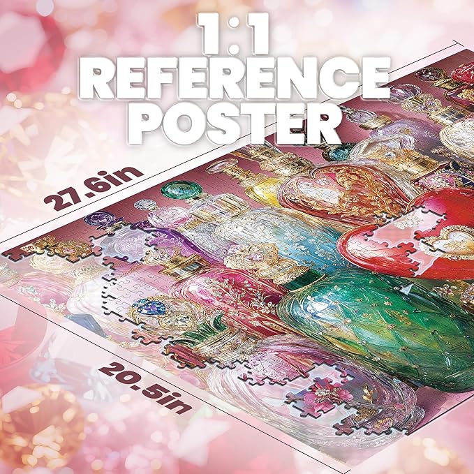 1000 Piece Puzzles for Adults,Colorful Perfume Jigsaw Puzzle,Pink Flower Bottle Puzzles 1000 Pieces,Creative Games and Gifts Difficult Heart Puzzle Home Decor Toy for Adults (27.5"x19.6"), 1:1 Poster
