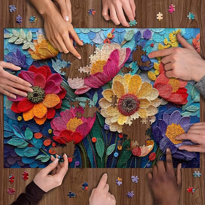 Colorful Flower Puzzles for Adults, Quilled Plant Floral Puzzle Fabric Art,Spring Flower Garden Jigsaw Puzzles 1000 Pieces Nature Challenge