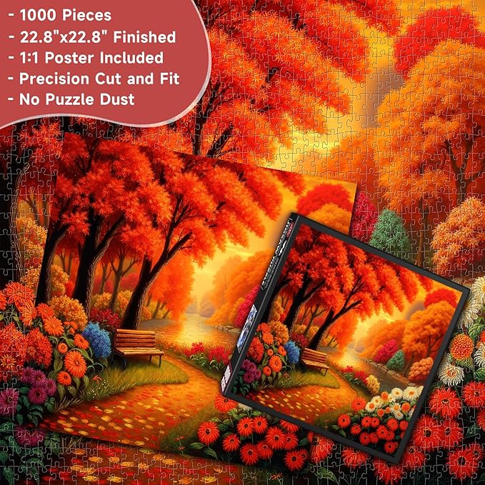 Autumn Park 1000 Piece Puzzle for Adults - Vibrant Fall Foliage, Riverside Bench Art, Poster & Lettered Back, 22.8" Square HD, Gift for Nature & Fall Lovers
