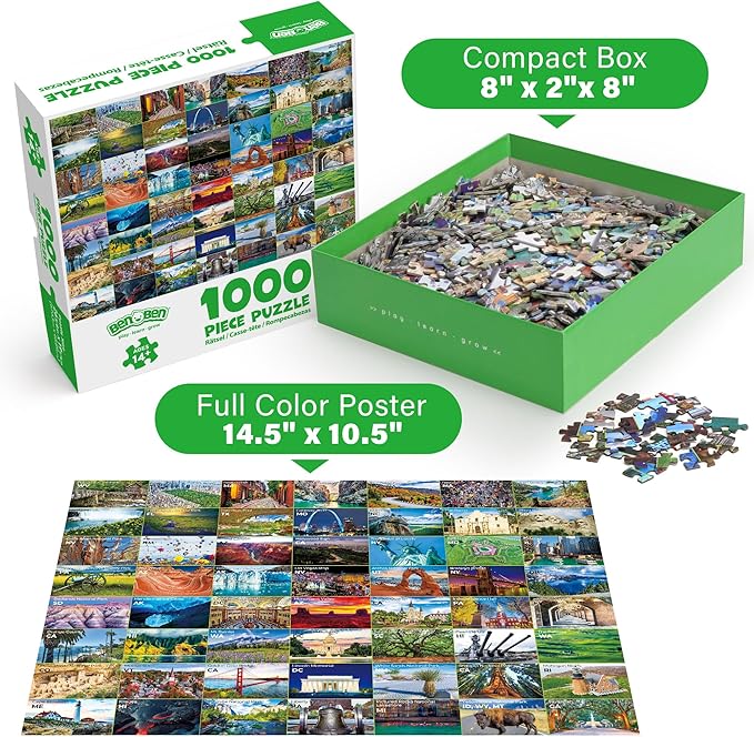 BenBen 1000 Piece Puzzle for Adults, Iconic America, 56 USA Landmarks, Travel Landscape Puzzle Including National Parks, Jigsaw Puzzles with Letters or Patterns on Back