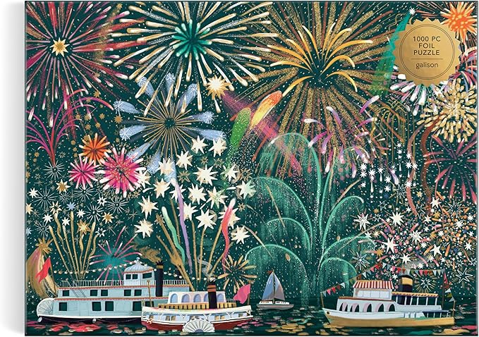 Galison Fireworks Jubilee – 1000 Piece Foil Jigsaw Puzzle Featuring Beautiful Artwork of Fireworks Overlooking Boats On The Water