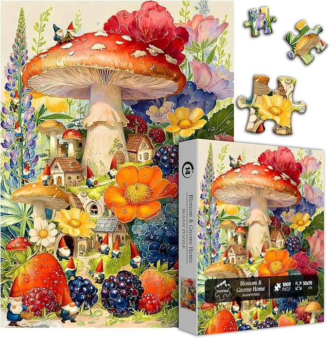 Gnome Mushroom Puzzles for Adults 1000 Pieces, Colorful Magical Floral Garden Village Jigsaw Puzzle, Fantasy Gnome House Flower Fruits Puzzle, Spring Nature Plant Challenging for Adults