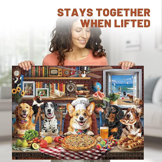 BenBen 1000 Piece Puzzle for Adults, 4 Pack Jigsaw Puzzles with Letters or Patterns on Back, Dogs' Dinner Party, Dogs on Vacation, Sunset Seaside, Fusine Lake Themes