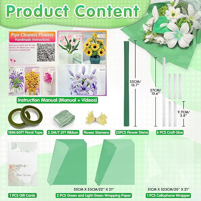 LINAYE 500 PCS Pipe Cleaners Craft, 6 Colors Pipe Cleaners Flowers Kit, Chenille Stems for Crafts with Instruction Wrapping Paper, Flower Stamens, Stems Art and Craft Supplies Green