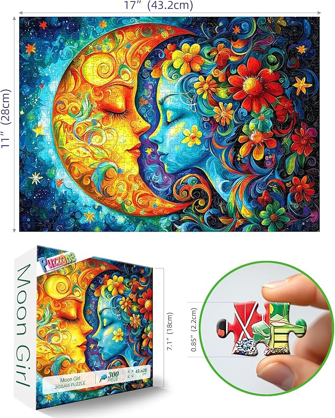 300 Piece Puzzle for Adults Fantasy Sun Moon Flower Face Art Colorful Beautiful Floral Jigsaw Puzzle with Letters on Back Perfect Family Challenge & Game Night Ideal for Adults Seniors (17x11 Inch)
