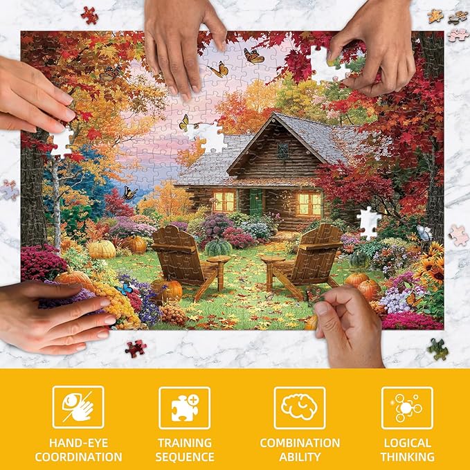 Sutinban Fall Cottage 500 Pieces Puzzle for Adults, Thanksgiving Colorful Autumn Nature Jisgaw with Plant Pumpkin, Challenging Puzzle for Home Decor & Gift