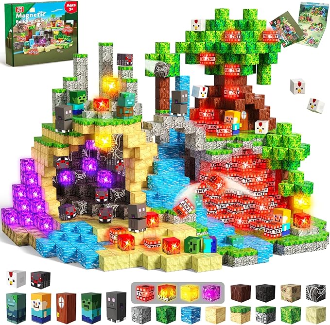 200PCS Magnetic Blocks with Light-Up Blocks - Magnetic Building Blocks Playset, Magnetic Stacking Cube Toys, STEM Sensory Montessori Learning Toys, Easter Birthday Gifts for Kids Boys and Girls Age 3+