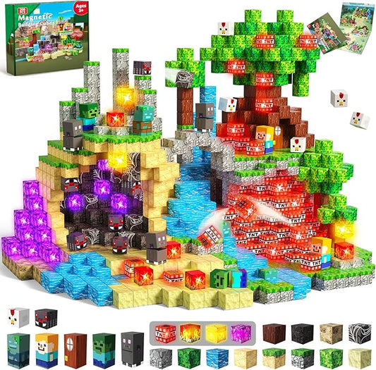 200PCS Magnetic Blocks with Light-Up Blocks - Magnetic Building Blocks Playset, Magnetic Stacking Cube Toys, STEM Sensory Montessori Learning Toys, Easter Birthday Gifts for Kids Boys and Girls Age 3+
