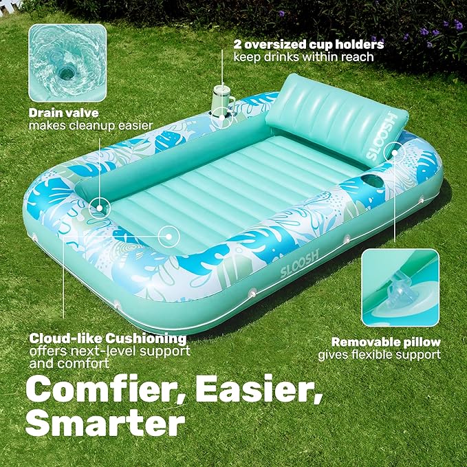 SLOOSH Inflatable Tanning Pool Lounger Float, 70" x 46" Pool Floats Adult with Pillow, 4 in 1 Suntan Tub Raft Floatie,Sunbathing Bed Lounge for Water Blow Up Kids Ball Pit Party Gifts, L-Cyan White