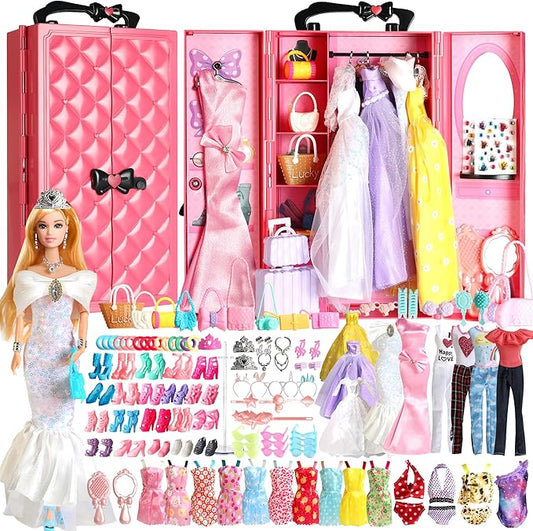 UCanaan 180 Pcs Doll Clothes and Accessories Set, Princess Gowns, Dresses, Tops, Pants, Shoes, Hangers, Fashion Doll Wardrobe, Ages 3+ Best Gitfs for Girls Christmas Birthday