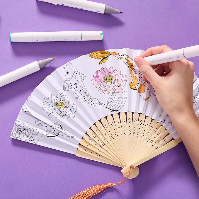 Faber-Castell Paper Fan Coloring Kit: Cherry Blossom | Folding Fans with Dual-Tip Markers & Pre-Printed Designs | Relaxing DIY Craft, Kids Activities and Easter Basket Stuffers (2 Fans, 6 Markers)