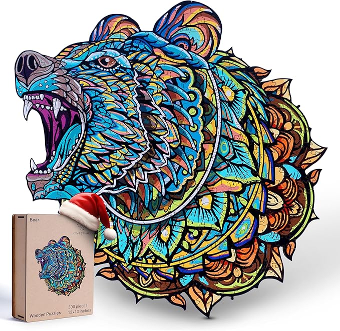 ESTROSO Wooden Puzzles for Adults - Bear Design - 300 Piece Puzzles for Adults, Wooden Jigsaw Puzzles - 13x13 Inches - Giftable Wooden Box and Carrying Bag