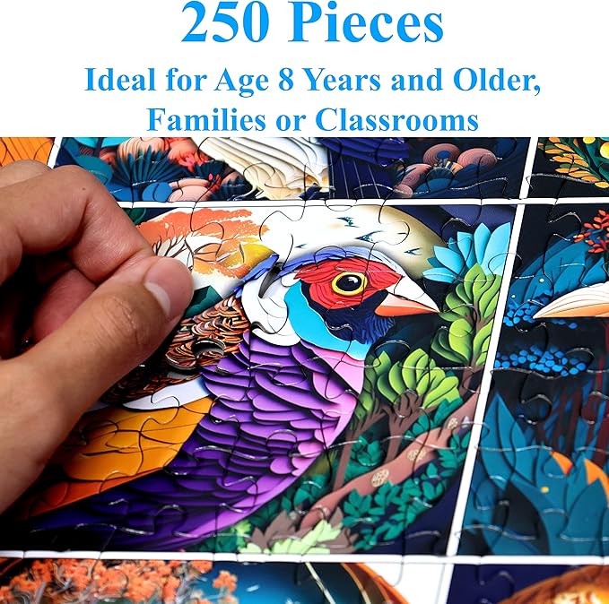 Think2Master Colorful World of Birds 250 Pieces Jigsaw Puzzle Featuring heartwarming Bird Puzzle for Adults and Teens. Paper Cut Craft Style Size: 14.2” X 19.3”