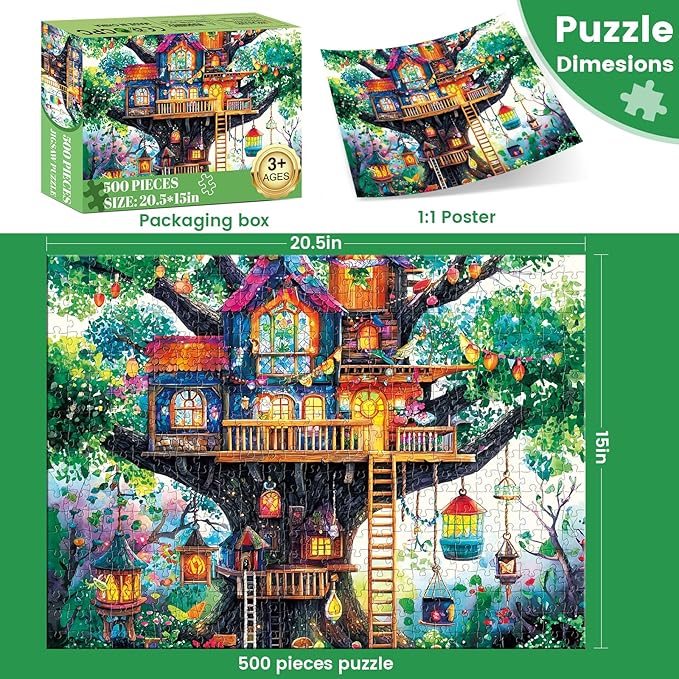 500 Piece Puzzle for Adult,Fantastical Treehouse Escape Puzzle for Adult Senior,Colorful Whimsical Art Style Jigsaw Puzzle 500 Piece,Challenging Family Game Gift for Friends Men Women Senior,20.5*15In