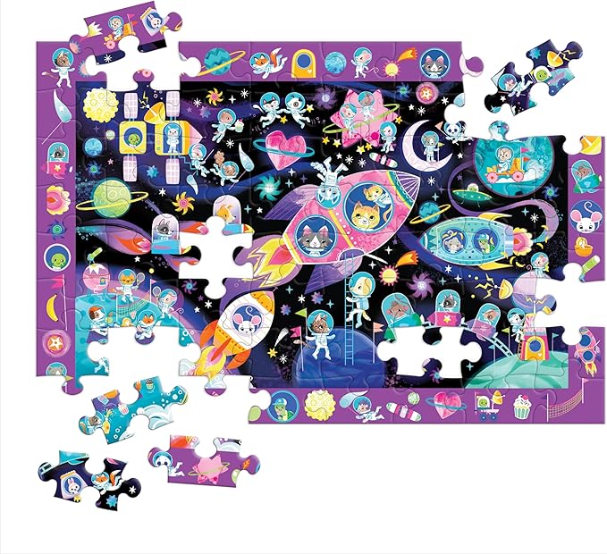 Mudpuppy Cosmic Dreams – 64 Piece Search & Find Jigsaw Puzzle Featuring Cats in A Whimsical Outer Space Wonderland and Over 40 Hidden Images to Find