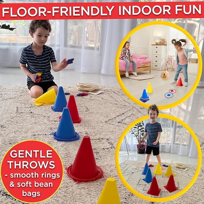 Ring Toss Game, Obstacle Course for Kids 3-5 & Birthday Party Games, Carnival Bean Bags for Tossing Gross Motor Toys for Toddlers 3-5, 12 Rings & 12 Bean Bags, 6 Cones for Kids, PE Equipment