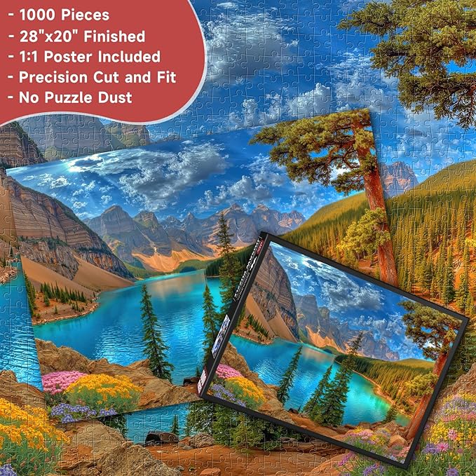 Turquoise Mountain Lake 1000 Piece Puzzle for Adults - Rocky Mountain Peaks & Forest Art, Poster & Lettered Back, 28"x20" HD, Gift for Nature & Landscape Lovers