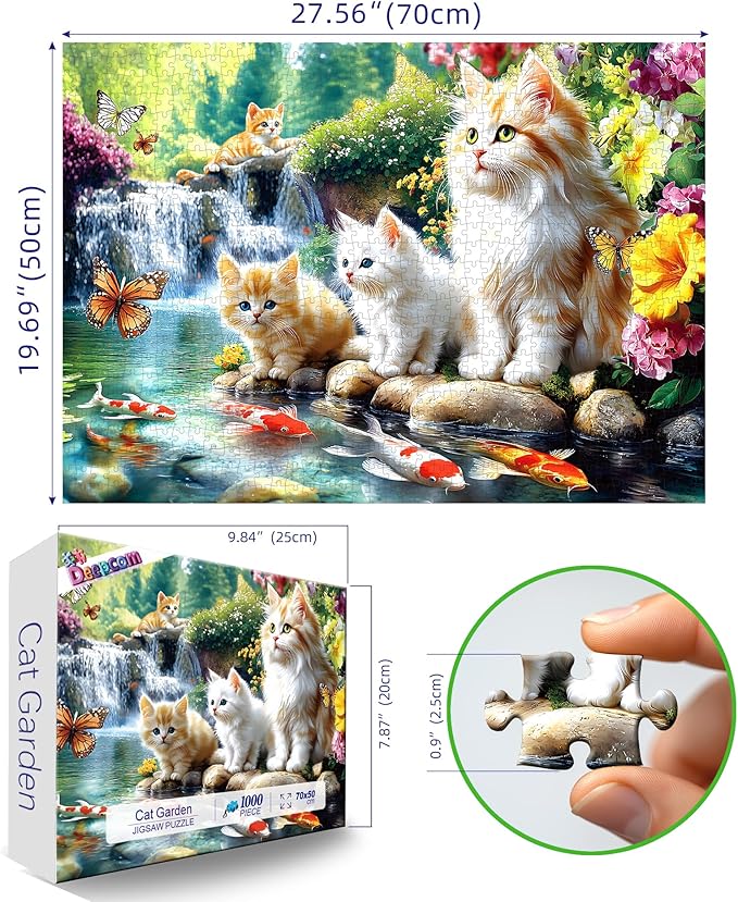 Serene Cat Garden 1000 Piece Jigsaw Puzzle for Adults, Waterfall Scene with Koi Fish and Butterflies, 27.56 x 19.69 Inch, Relaxing, Detailed Art for Solo or Social Puzzling