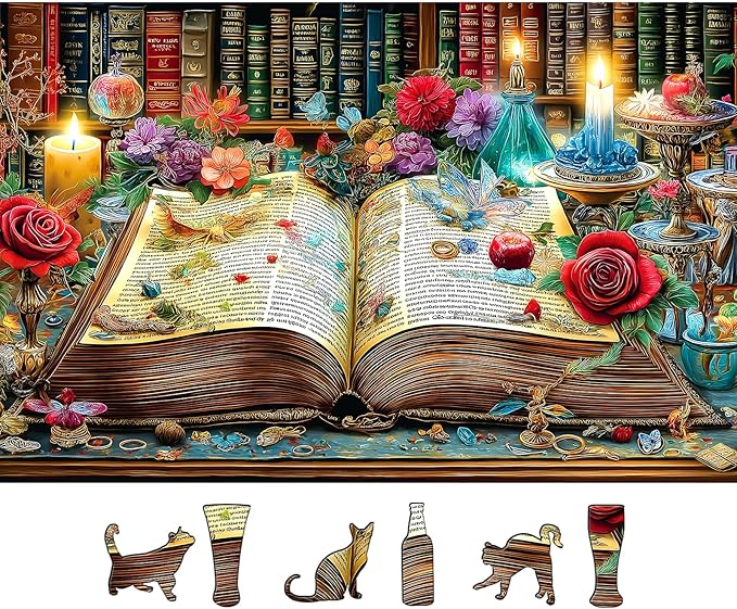 Books Jigsaw Puzzles 500 Pieces, Vintage Magic Flowers Library Puzzle for Adults Challenging for Game Nights Family Fun Decoration, Finished Size 23 x 15 inch