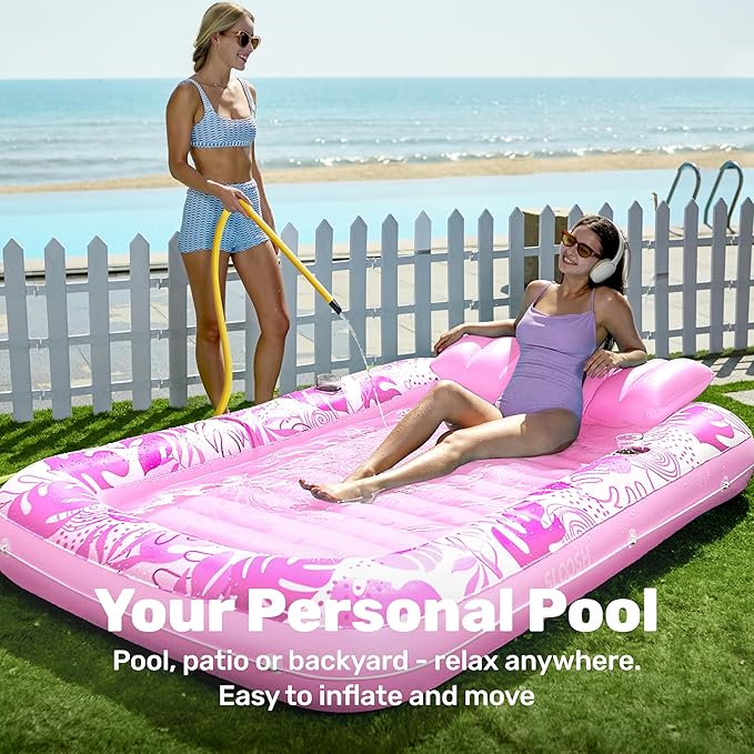 SLOOSH Inflatable Tanning Pool Lounger Float, 85" x 57" Extra Large Pool Floats Adult with Pillow, 4 in 1 Suntan Tub Raft Floatie,Sunbathing Bed Lounge for Water Blow Up Ball Pit, XL-Blushing Pink