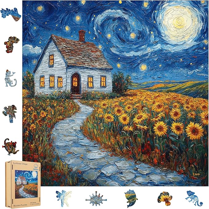 Pikoqunc Sunflower Village Wooden Puzzles for Adults,500 Pieces 15.9x15.9 in,Charming Countryside Jigsaw Puzzle with Unique Laser-Cut Pieces and Exquisite Box, for Family Fun and Festival