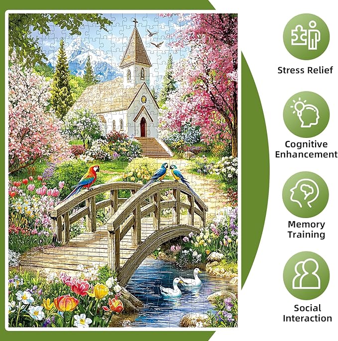 Puzzles for Adults 500 Pieces,Charming Lakeside Church Puzzle for Adults,Beautiful Flower & Parrot Jigsaw Puzzles for Seniors,Puzzles for Family Game Nights & Holiday Party Gifts,20.5x15 in
