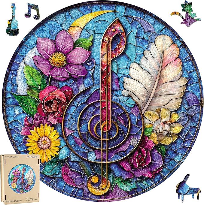 Reouinty Wooden Puzzles for Adults 500 Piece, Flower Guitar Puzzle for Mom, Challenging Puzzle, Unique Shaped Wood Puzzles Pieces, Creative Gift for Family Game 16.5x16.5 in