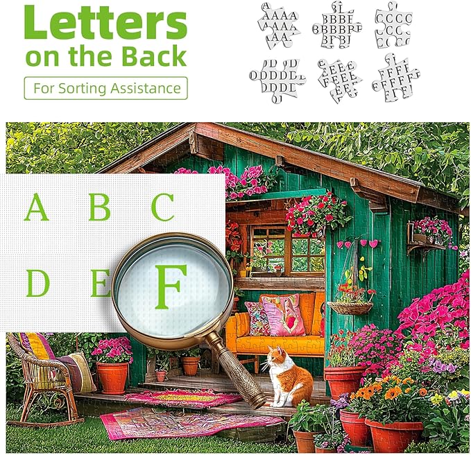 Flower House 500 Piece Puzzle for Adults Colorful Garden Shed Cat Jigsaw Puzzles with Letters on Back Perfect Family Challenge for Game Nights(23"X15")