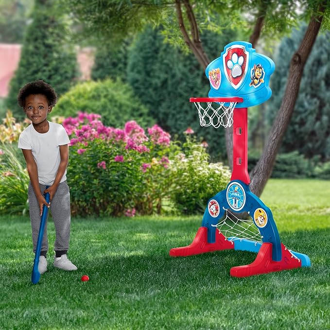 Delta Children PAW Patrol 4-in-1 Sports Center – Adjustable Easy Score Basketball Hoop, Soccer/Hockey Net and Golf Game, Blue