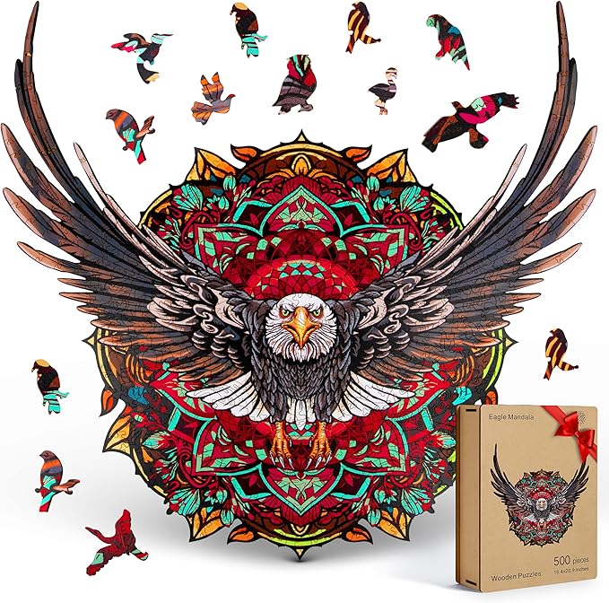 ESTROSO Wooden Puzzles for Adults - Bald Eagle Mandala 500 Piece Wooden Jigsaw Puzzle - 20.9x16.4 Inches - Giftable Wooden Box and Carrying Bag - Challenging Wooden Jigsaw Puzzles