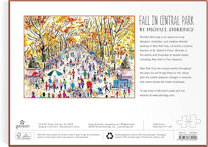 Galison Michael Storrings Fall in Central Park – 1000 Piece Puzzle Fun and Challenging Activity with Bright and Bold Artwork of Central Park During Autumn for Adults and Families