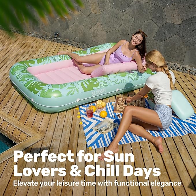 SLOOSH Inflatable Tanning Pool Lounger Float, 85" x 57" Extra Large Pool Floats Adult with Pillow, 4 in 1 Suntan Tub Raft Floatie,Sunbathing Bed Lounge for Water Blow Up Ball Pit, XL-Cyan Pink