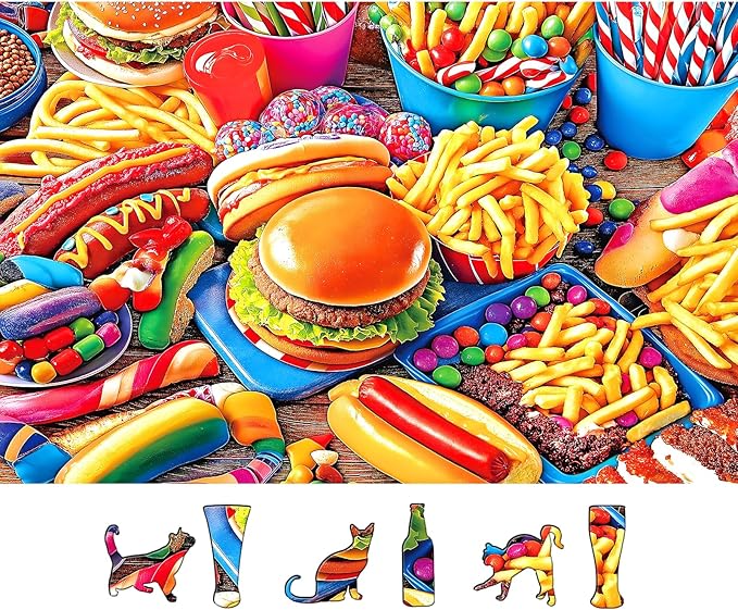 MINIWAN Hamburger 500 Piece Puzzles for Adults, Junk Food Feast Jigsaw Puzzle, 23x15 Inches with Unique Irregular Shaped Pieces for Relaxation & Home Wall Decor