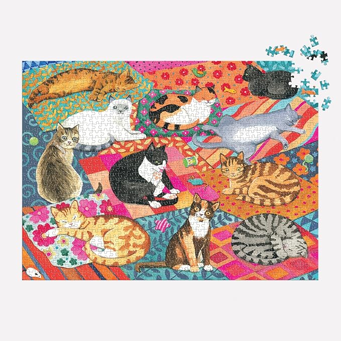 Galison Lounging Cats – 1000 Piece Jigsaw Puzzle Featuring Beautiful Artwork of A Variety of Feline Friends Lounging On Colorful Quilts