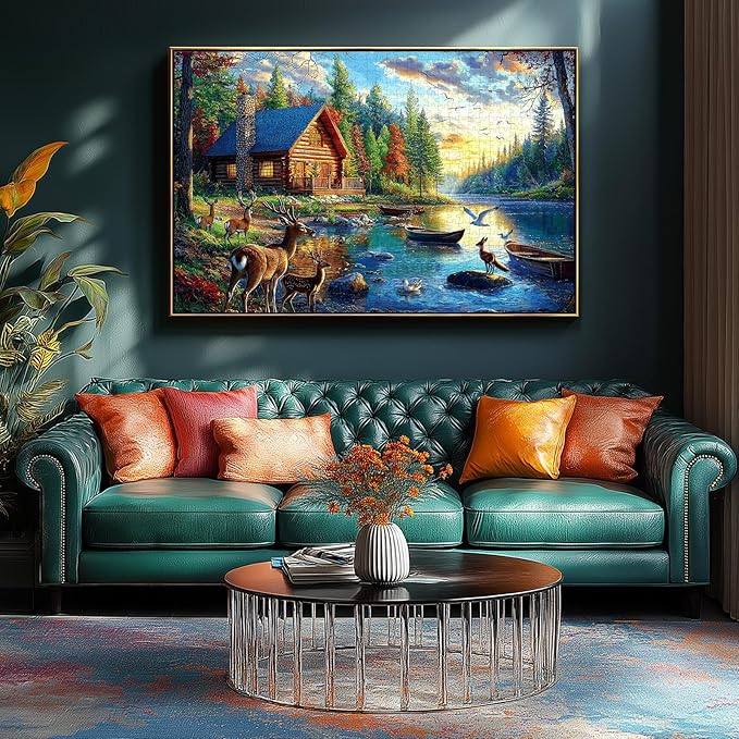 Blueforest 1000 Piece Jigsaw Puzzle for Adults Lake Lodge & Elk Landscape Hard Challenging Puzzle Perfect for Game Nights Family