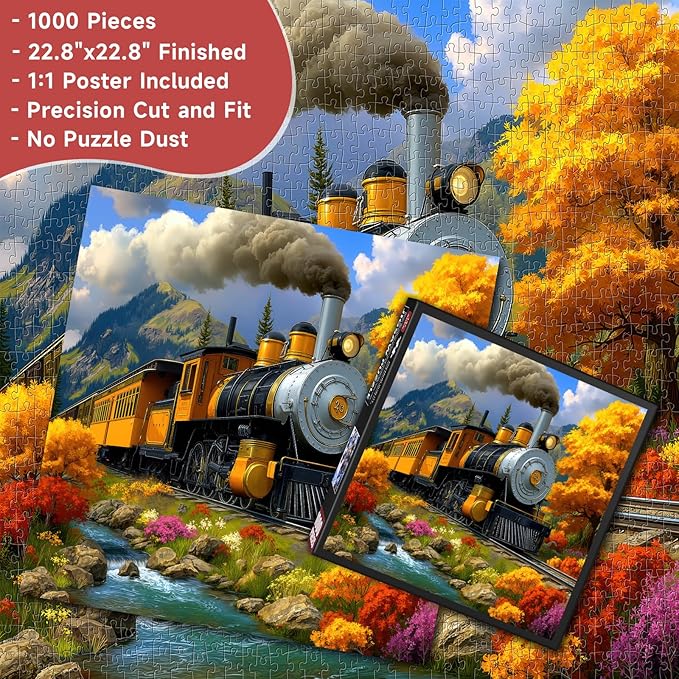 Autumn Steam Train 1000 Piece Puzzle for Adults - Vintage Locomotive Art, Mountain Stream Fall Scene, Poster & Lettered Back, 22.8" Square HD, Gift for Train & Nature Lovers