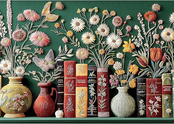 MININWAN Mbroidered Style Vintage Botanical Flower Bookshelf Puzzles for Adults 1000 Pieces, Green Background Floral Vase Books Jigsaw Puzzle, Gift for Book & Embroidery Art Lovers 27.5x19.7 Inch