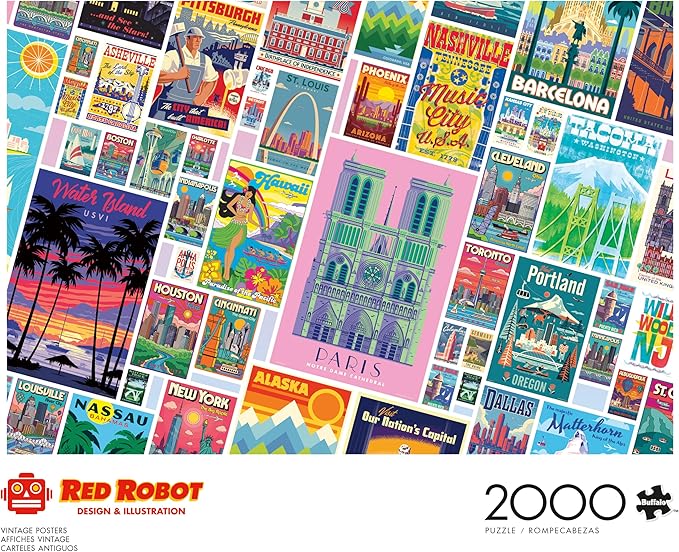 Buffalo Games – Vintage Posters 2000 Piece Jigsaw Puzzle Colorful Puzzle for Adults – Precision-Cut Pieces, Beautiful Artwork, and Hours of Relaxing Fun