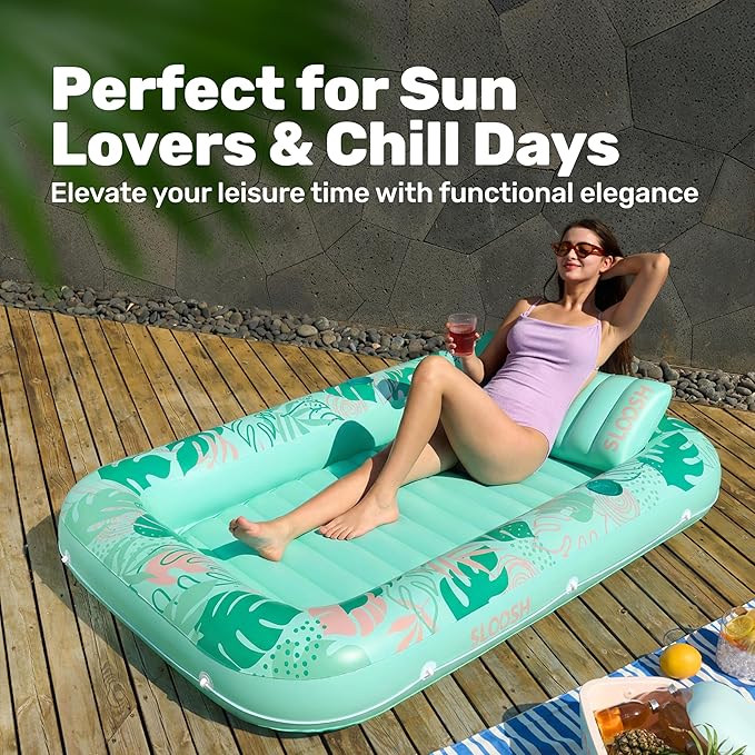 SLOOSH Inflatable Tanning Pool Lounger Float, 70" x 46" Pool Floats Adult with Pillow, 4 in 1 Suntan Tub Raft Floatie,Sunbathing Bed Lounge for Water Blow Up Ball Pit Party Gifts, L-Aqua Blue